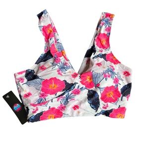 New Pink Cove Floral Hibiscus Swim Top, Sz S